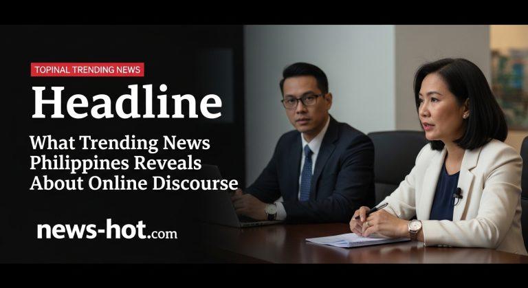 Newsroom desk displaying trending topics and social media icons representing Philippines online discourse