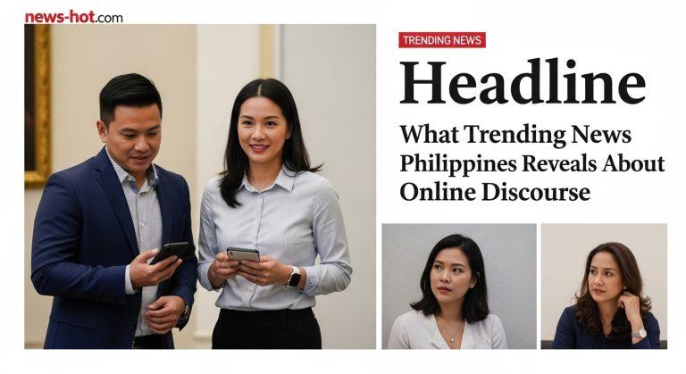 Newsroom desk displaying trending topics and social media icons representing Philippines online discourse