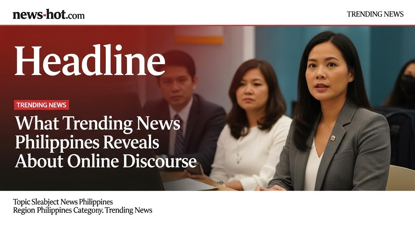 Newsroom desk displaying trending topics and social media icons representing Philippines online discourse
