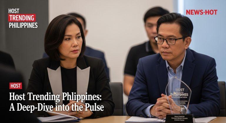 Editorial newsroom in the Philippines with a host presenting trending news analysis to camera.