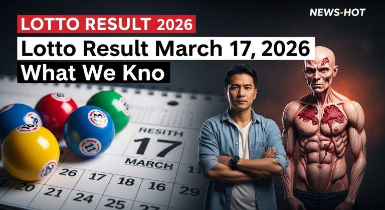 Editorial collage of Philippines lottery balls, March 17, 2026 calendar page, and lottery headlines