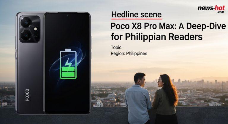 Editorial illustration of Poco X8 Pro Max highlighting battery life with a Philippine cityscape backdrop.
