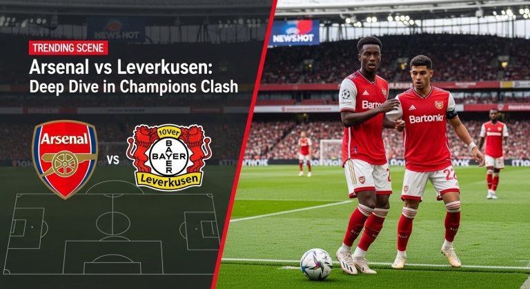 Arsenal vs Leverkusen Champions League banner with team crests and stadium backdrop